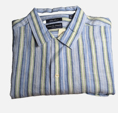 Austin Reed London S Sleeve Shirt 100% Linen Riviera Blue/Green Stripe NWT VTG