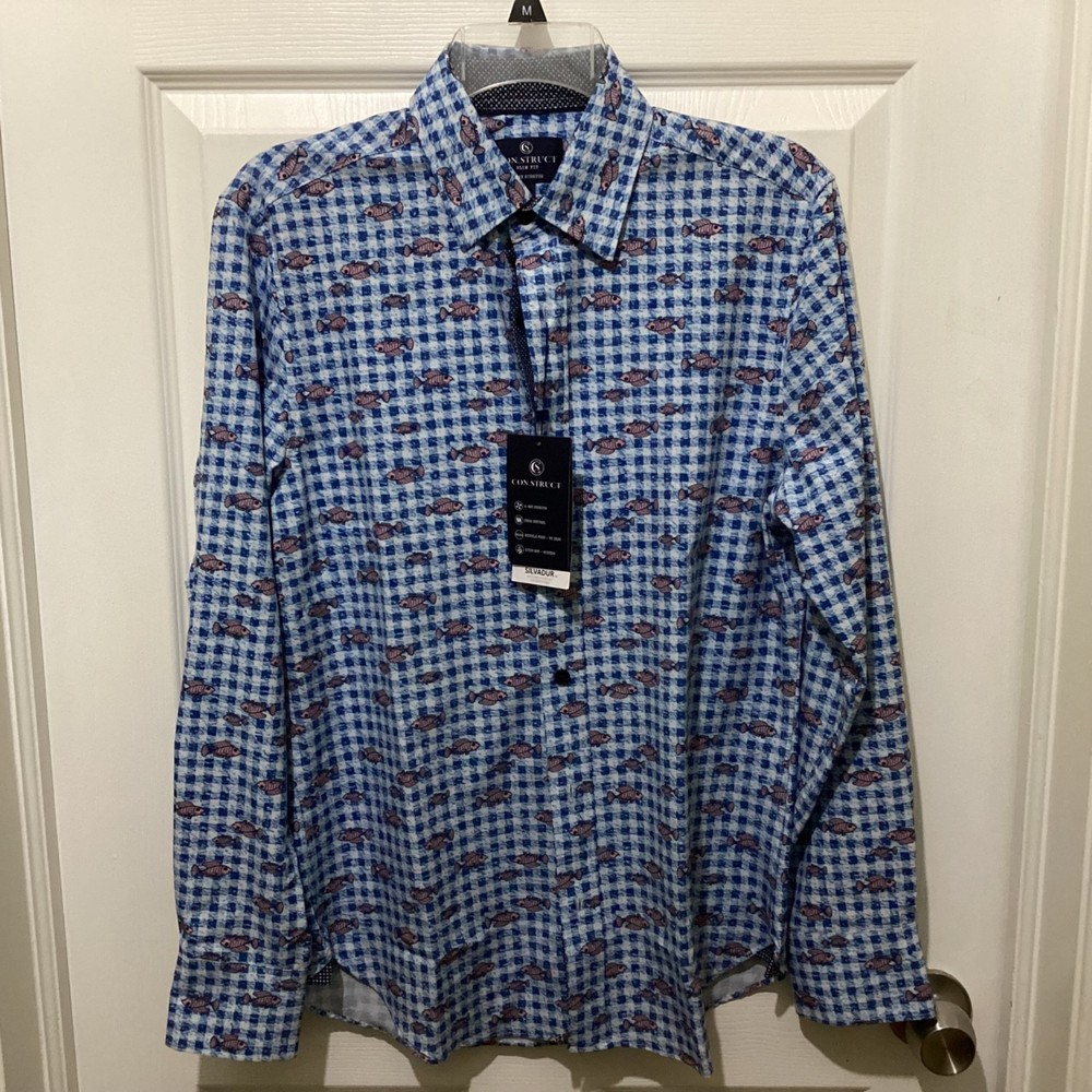 Con.Struct Performance Shirt 4 Way Stretch Fishes Slim Fit Blue ~S~NWT