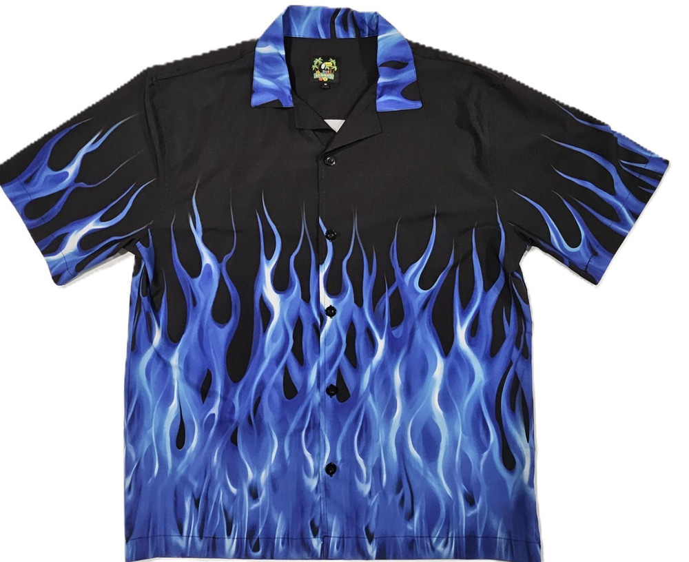 Benny’s Blue Flame Button Front Hawaiian Shirt Men’s M Short Sleeve