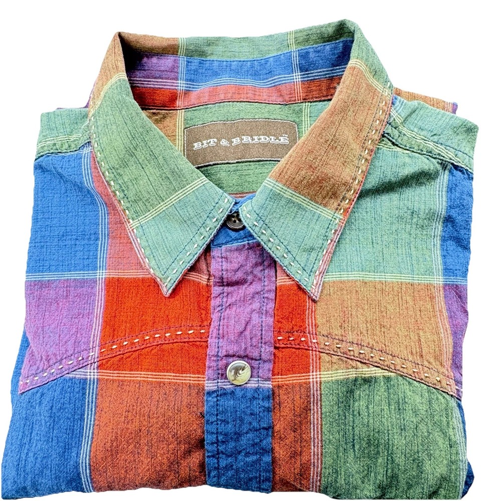 Bit & Bridle Patch Work Multi Color Plaid Button Up Shirt Men’s Large Pearl Snap