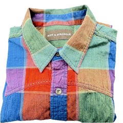 Bit & Bridle Patch Work Multi Color Plaid Button Up Shirt Men’s Large Pearl Snap