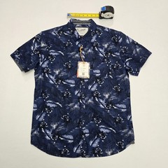 MBX Denim Wear Mens Large Navy Blue Tropical Floral Palm Button Down SlimFit NWT