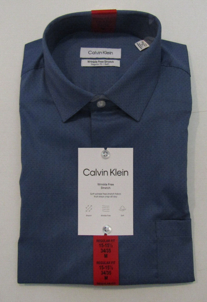 NWT Mens CALVIN KLEIN Dark Blue Pattern Long Sleeve Dress Shirt M 15-15.5 34/35