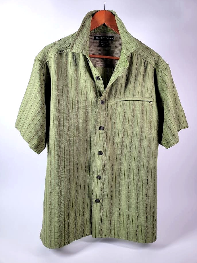 Exofficio Shirt Mens Medium Olive Green Seersucker Lightweight Insect Shield EUC