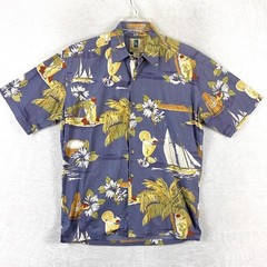 VTG Kahala Hawaiian Shirt Men S Blue Floral Sailboat Cocktails AOP Tiki 90s USA