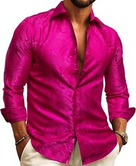 Mens Silk Paisley Western Shirt Long Sleeve Button Down Cowboy Dress Top Casual