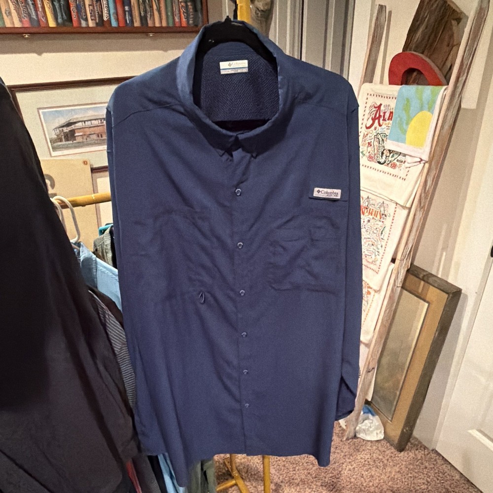 Columbia Men’s Blue Solid Button-Up Shirt Long Sleeve Big & Tall 3XT