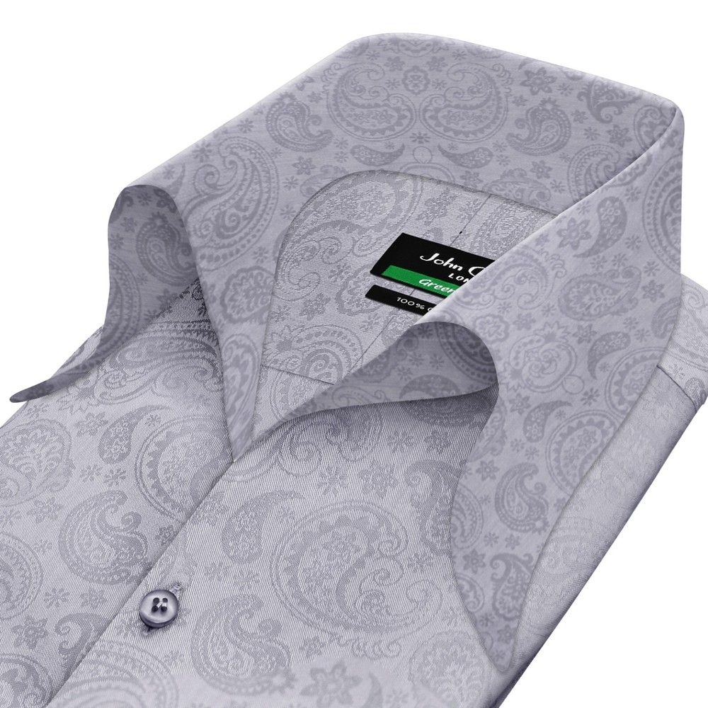 High Open Bow Collar Buttonless Gray Jacquard Paisley Mens Cocktail Events Shirt
