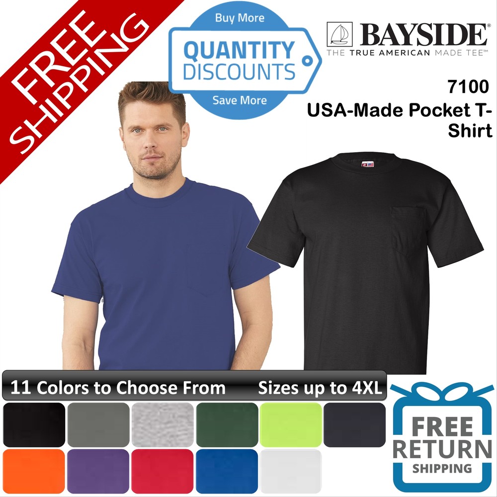 Bayside Men Usa-made Chest Pocket Short Sleeve Pre-shrunk T-shirt Up To 4XL 7100