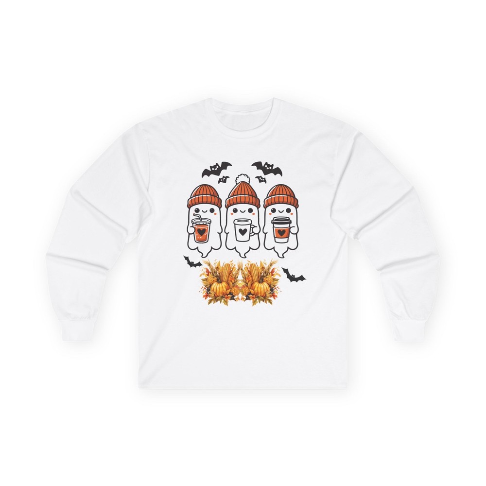 Three Cozy Ghosts Fall Leaves Long Sleeve Tee | Halloween Autumn