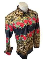 Button Down SHIRTS MEN BAROQUE LONG SLEEVE BLACK LEOPARD ROSES SNAKESKIN VS136