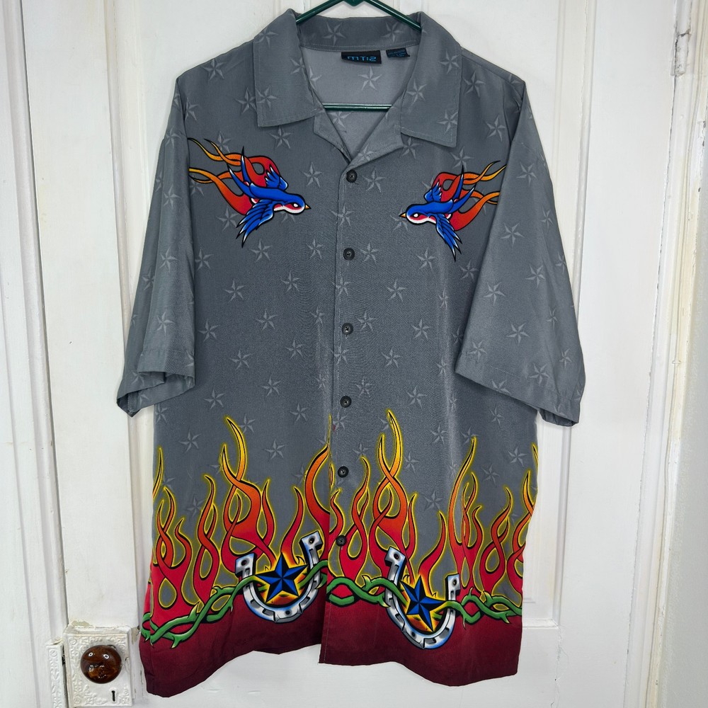 MT:2 Button Up Bowling Shirt Mens XL Gray Flames Rockabilly Vintage Biker Y2K