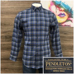 Pendleton Landry Mens Blue Grey Plaid Cotton Wool Blend Button Down Shirt M