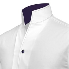 High Open Stand-up Collar Buttonless White Contrast Navy Blue Stitch Men’s Shirt