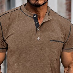 Men Short Sleeve Solid Half Open Collar T-shirt Button Pullover Casual Tee
