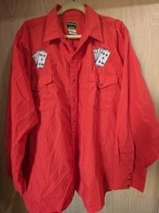 Round’em Western Gear Red Snap Button Up Shirt, Cards Embroidered Long Sleeve EX