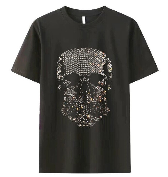 New Men Luxury Diamond Rhinestones Fashion Skull Black T-Shirt High Quality