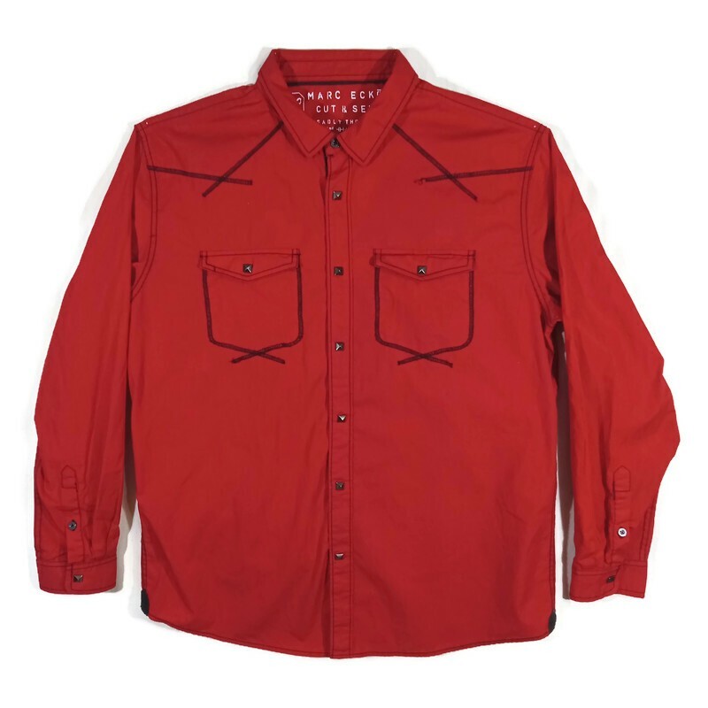 Marc Ecko Cut & Sew Deadly Threads Snap Shirt Mens XL LS Red Flap Pockets
