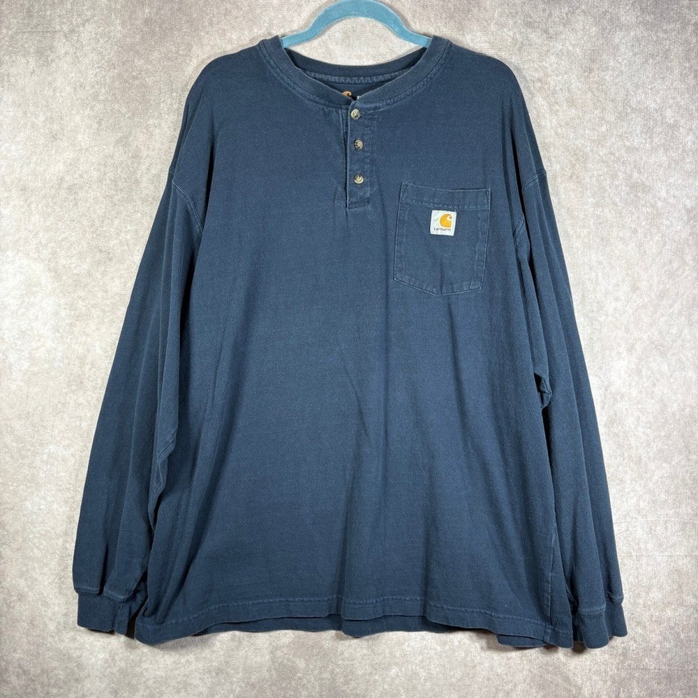 Carhartt Henley Shirt Mens XL Navy Blue K128 Long Sleeve Pocket Workwear Cotton