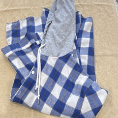 Blue Gray Plaid Hooded Button-Up Shirt 2XL Woven Polyester Cotton Long Sleeve
