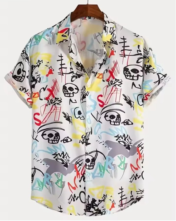 Men’s Abstract Hand Drawn Graphic Button Down Casual Summer Shirt