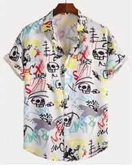 Men’s Abstract Hand Drawn Graphic Button Down Casual Summer Shirt