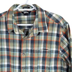 Eddie Bauer Flannel Shirt Mens L Tall Green Orange Plaid Classic Fit Long Sleeve