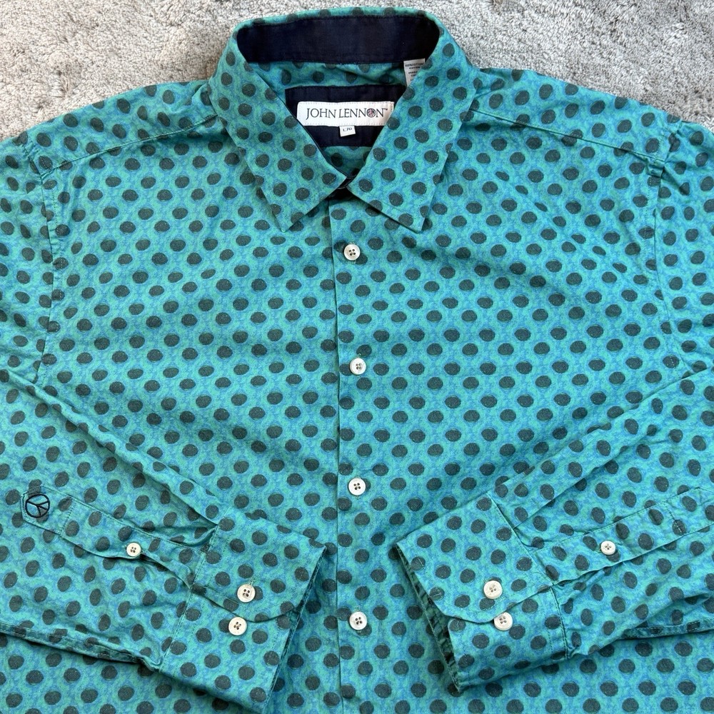 John Lennon Polka Dot Button Down Shirt Mens Large Teal Psychedelic Retro