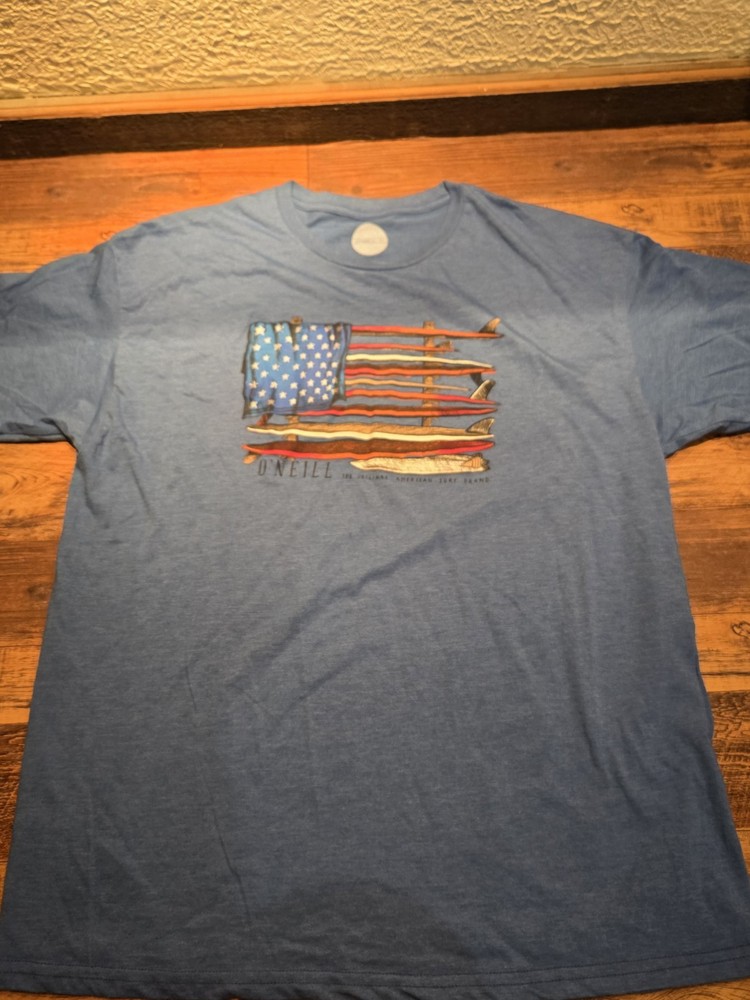 Y2K O’Neill Mens XL Blue Surfboard American Flag Graphic T Shirt Surf Beach Tee