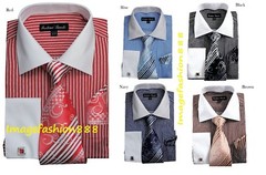 Men’s Striped Fashion French cuff Dress shirt with Tie & Hanky FL631