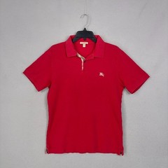 Burberry Brit Polo Mens Large Red Pique Plaid Placket Logo Luxury Designer