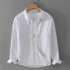 Men Shirt Long Sleeve with Button Solid Color Casual Pure Linen Shirt