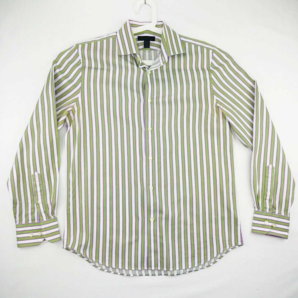Express Design Studio Mens Medium Button Up Shirt Green Pink Stripe Long Sleeve