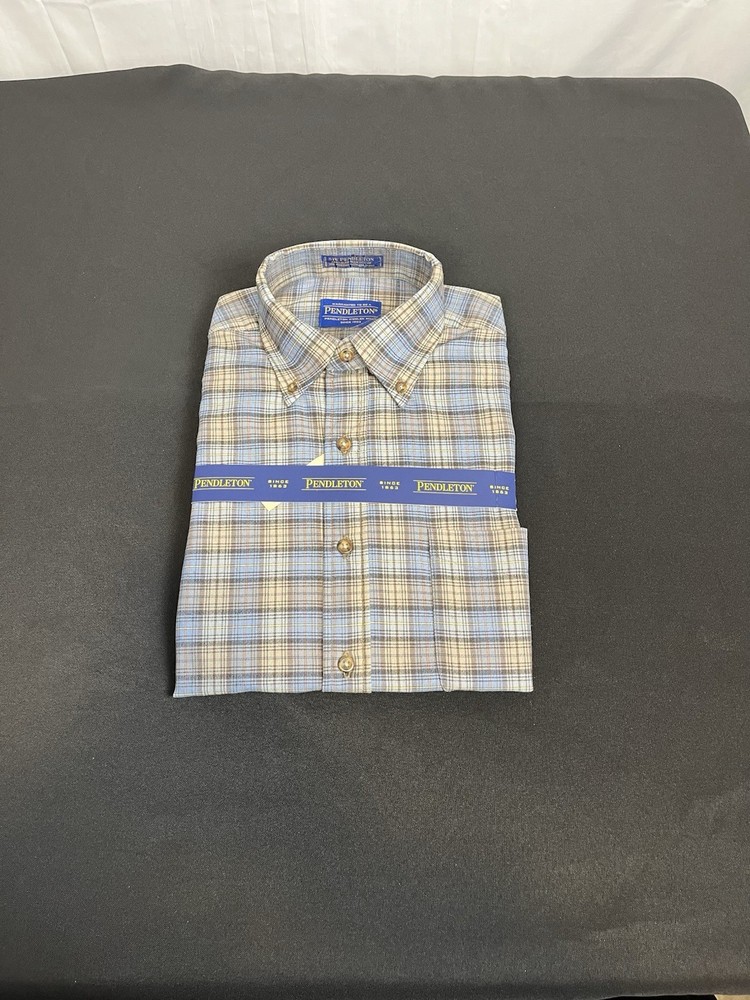 Pendleton Mens Small Plaid Button Down Long Sleeve Shirt Tan Blue Cream New