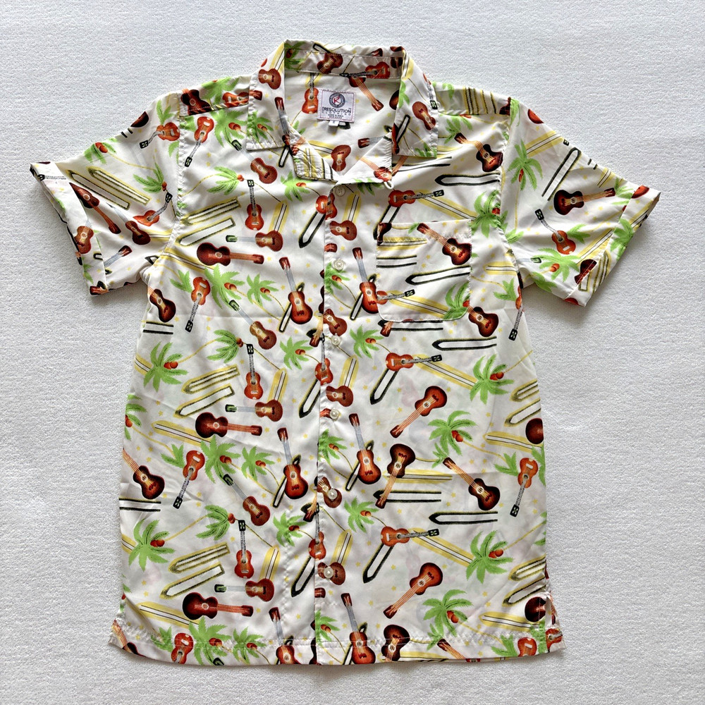 One Resolution Clothing Button Down Shirt Mens Small White Ukulele Palm Tree S/S