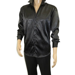 Men’s Sports Shirt By Moderno Fancy Silky Satin Long Sleeves MJLS-143 Black