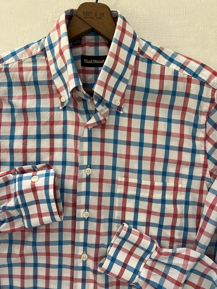 Paul Stuart 100% Cotton Button Down Red Blue White Medium Check Plaid Dress