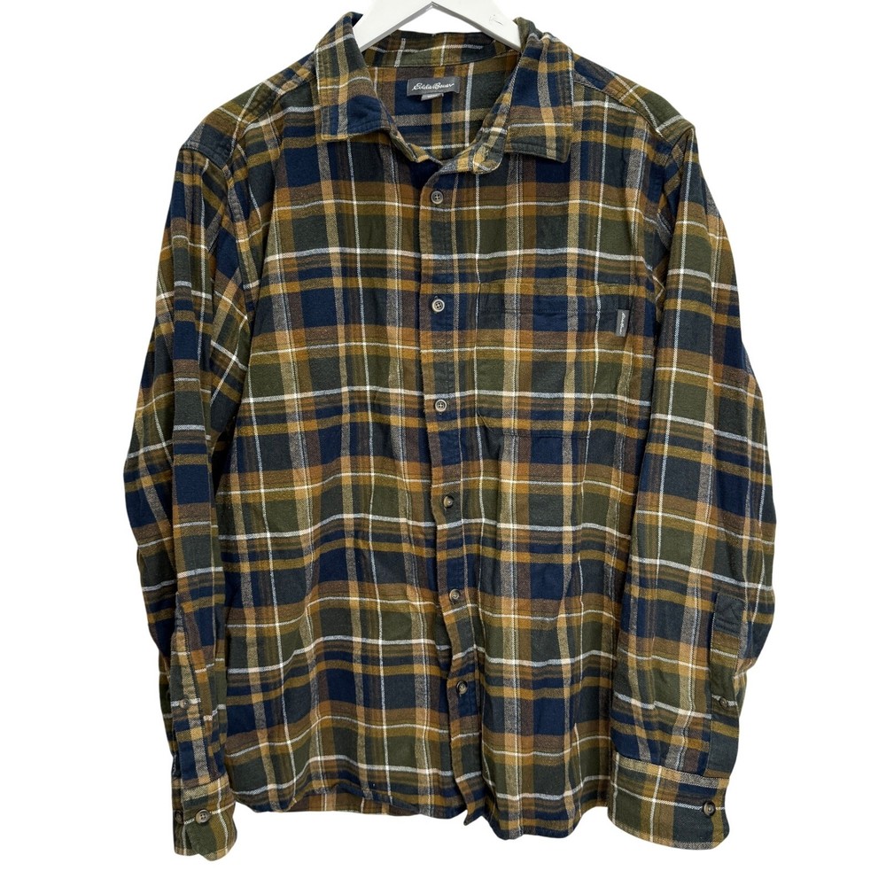 Eddie Bauer Cotton Flannel Button Down Shirt Mens Size XL Plaid Navy Blue Brown