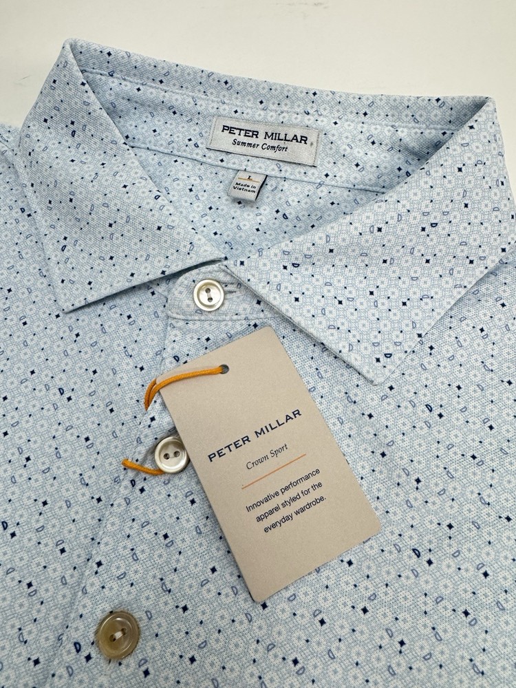 NWT Peter Millar CASA NOVA Performance Golf Polo Shirt White Blue LARGE $115