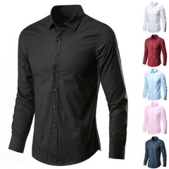 Men Formal Plain Office Button Down T-Shirts Long Sleeve Business Casual Tops