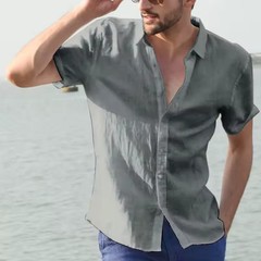 Men’s Summer Cotton Linen Short Sleeve Shirt Casual Solid Button-Down M-3XL