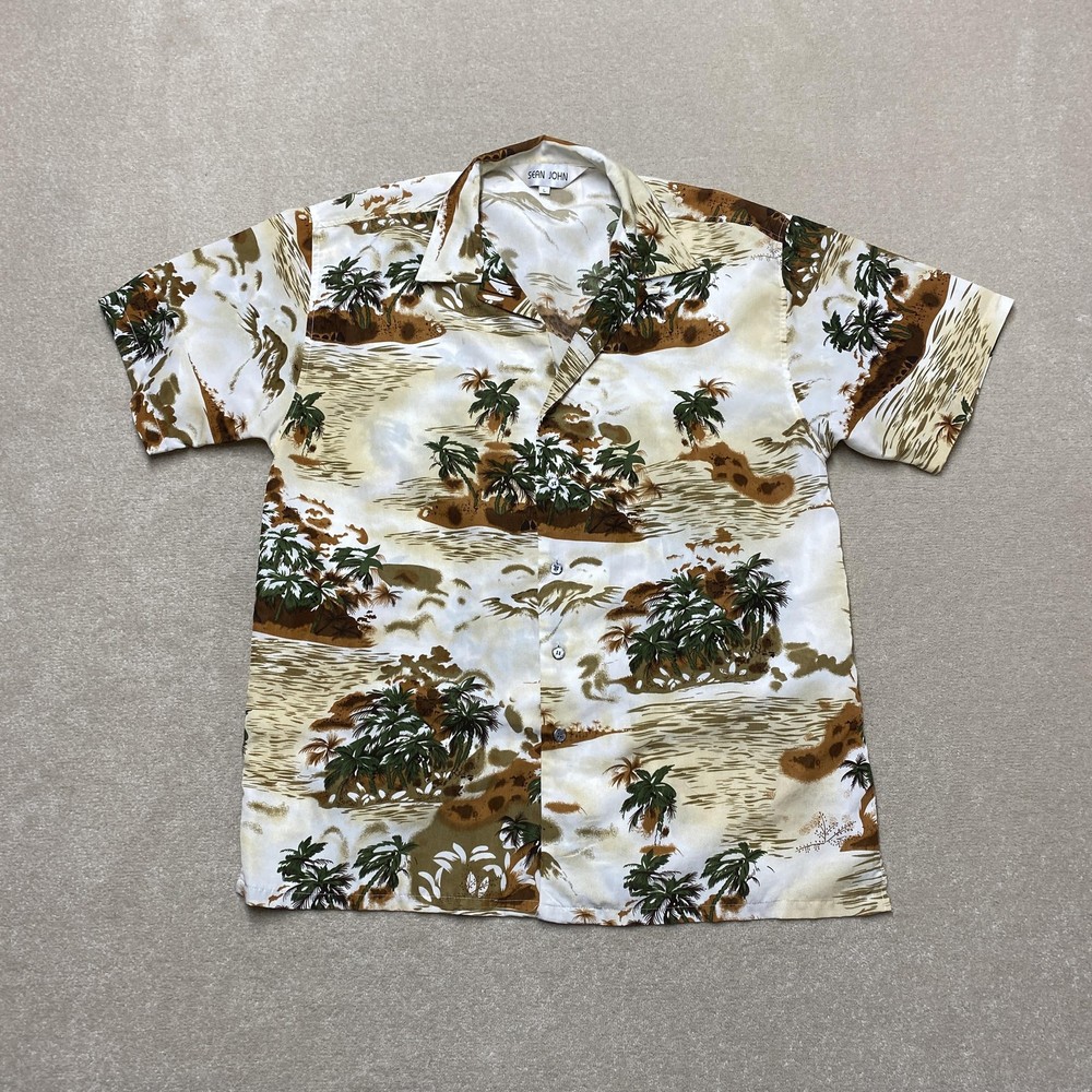 Sean John Hawaiian Shirt Mens Large Brown Tropical Palm Vintage Beach Button Up
