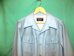 Exc! Vtg 70s FARAH LEISURE JACKET, POLY KNIT, BABY BLUE, 39″CH, 37″ W, Sz S-M