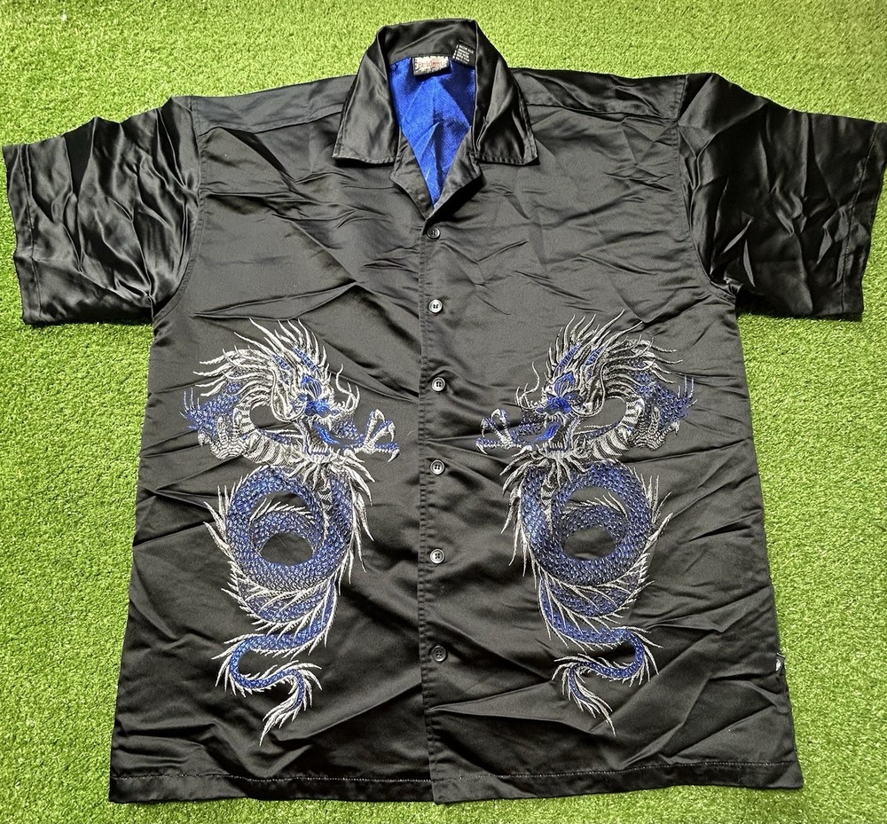 Epidemic Black Blue Silver Eastern Dragon Bowling Shirt 90s Sleazecore Men’s XL
