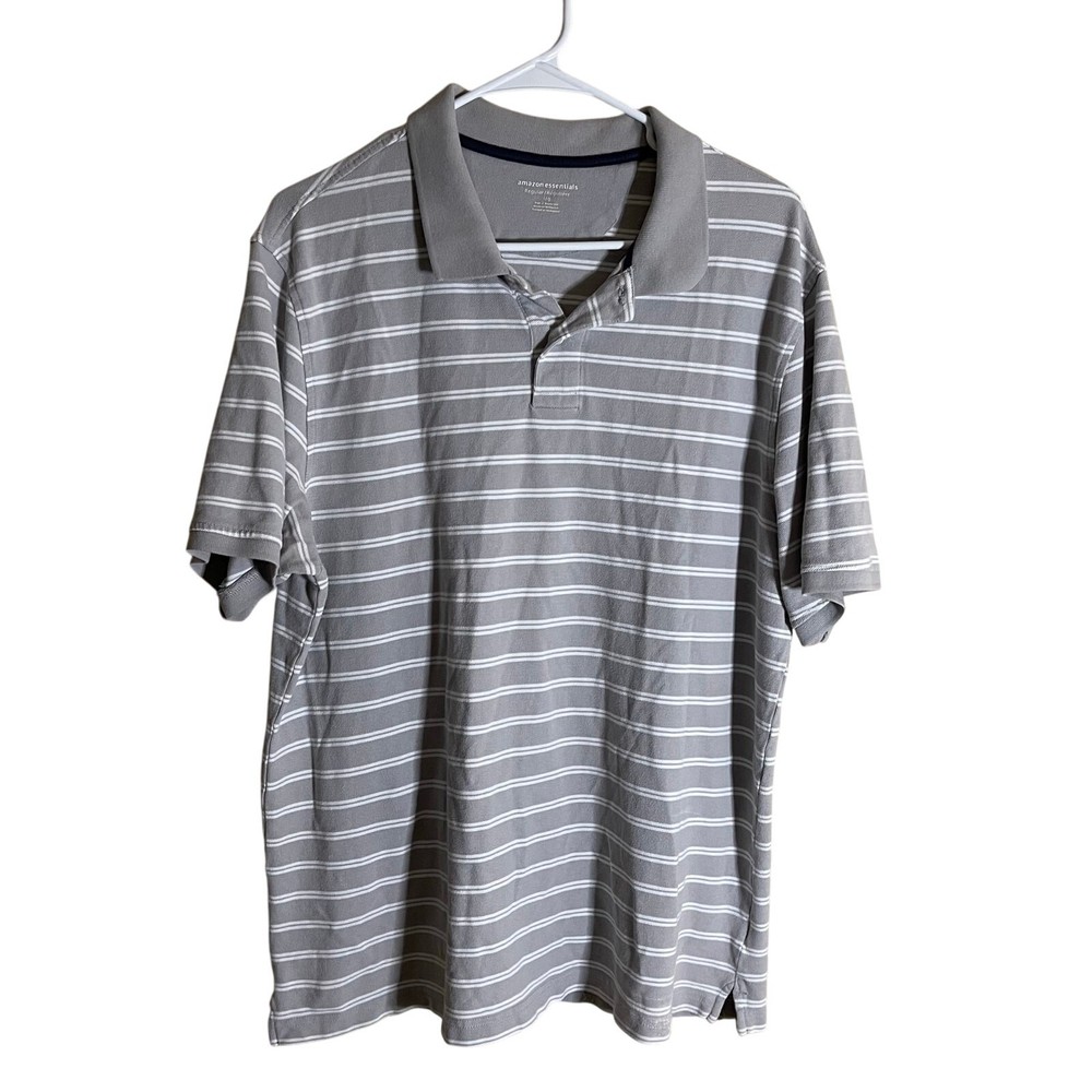AmazonBasics Men Gray with White Stripes Polo L