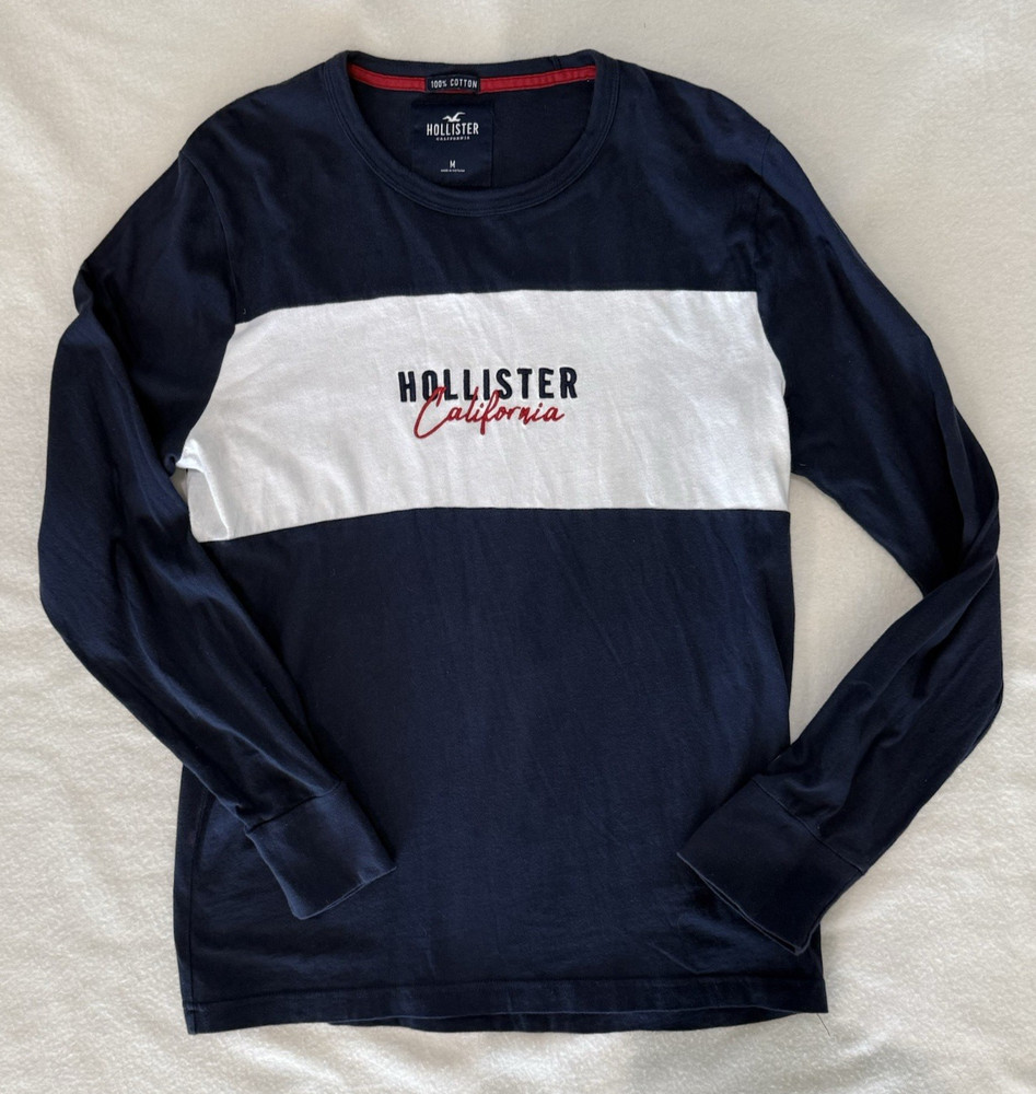 Hollister California Long Sleeve Shirt Size M Blue White Logo Crewneck