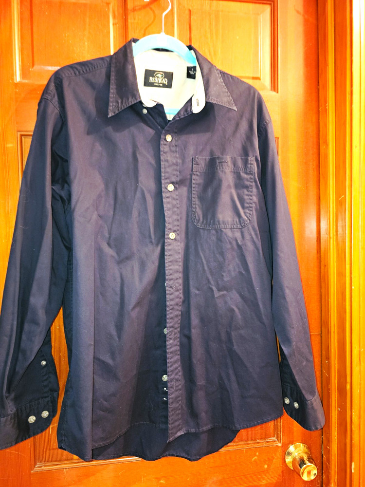 RedHead Men’s Blue Solid Woven Cotton Long Sleeve Button-Up Shirt Pocket L