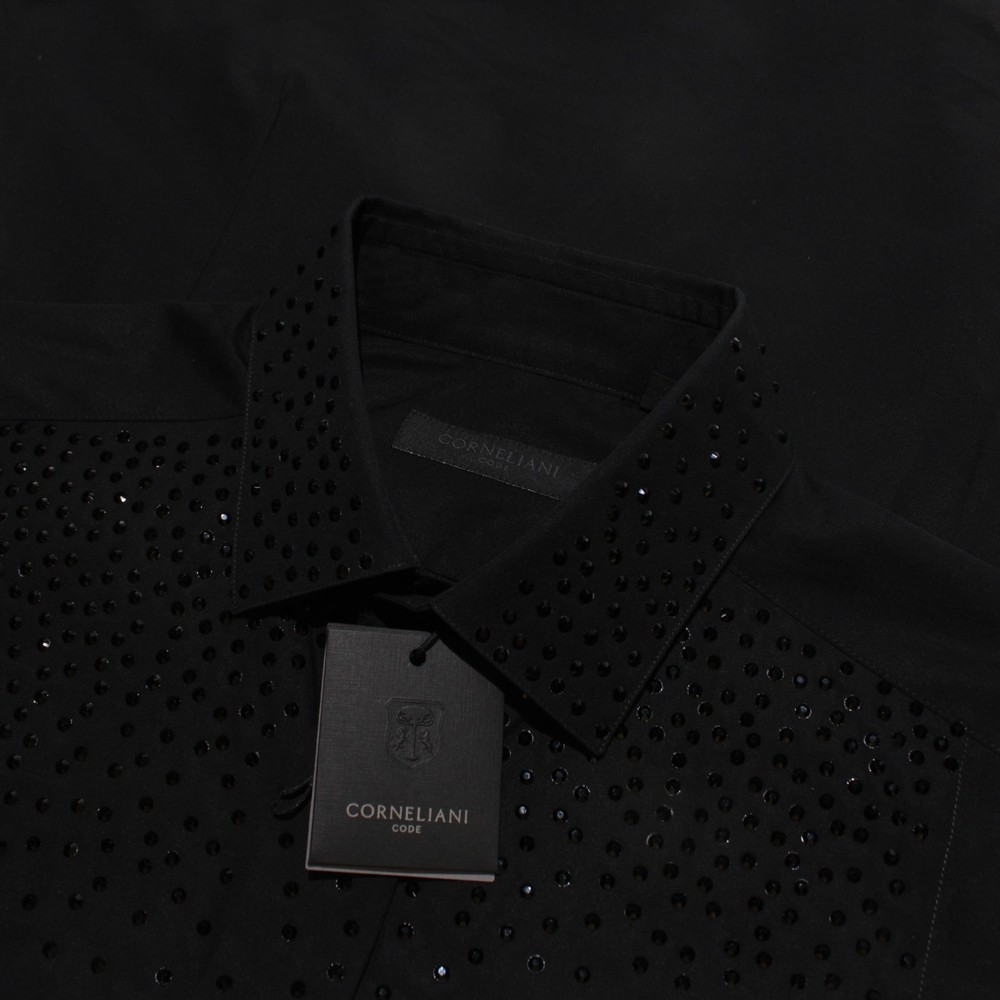 Corneliani NWT Formal Tux Dress Shirt Size 39 15.5 in Solid Black 100% Cotton