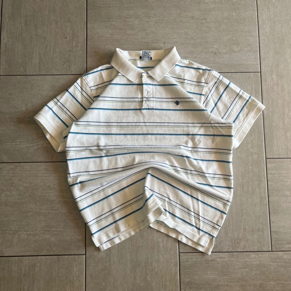 Old Navy Mens White Blue Green Striped Fleur De Lis Polo Shirt Size 22.5×26