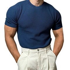 Knitted Short Sleeve T-Shirt for Men Half High Neck Regular Length Top